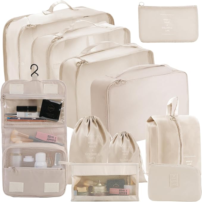 11 Set Packing Cubes for Travel Essentials, Suitcase Organizer Bags for Airplane Road Trip Camp - Beige by AOVDY