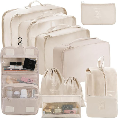 11 Set Packing Cubes for Travel Essentials, Suitcase Organizer Bags for Airplane Road Trip Camp - Beige by AOVDY