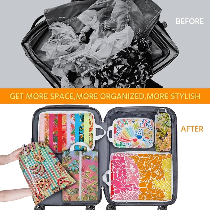 6 Pcs Compression Packing Cubes Waterproof Suitcase Travel Bag Luggage Backpack Organizer Travel Cubes for Packing-Tropical Banana - Image 6