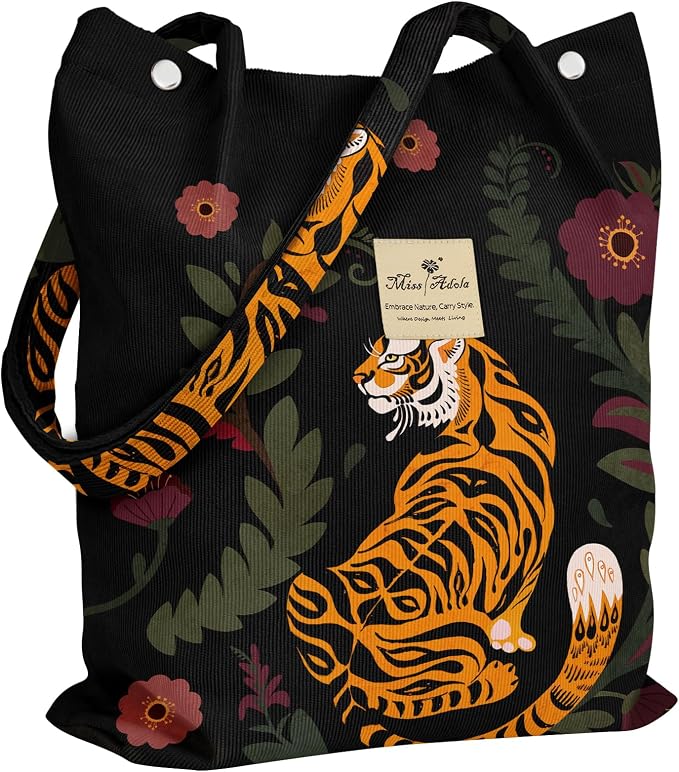 Miss Adola Corduroy Tote Bag for Women with Aesthetic Design | Magnetic Buckle & Pocket, Reusable, Soft, Roomy, Long Shoulder Handles, Double-sided Print, Casual Daily Work, Grocery Bags by MissAdola