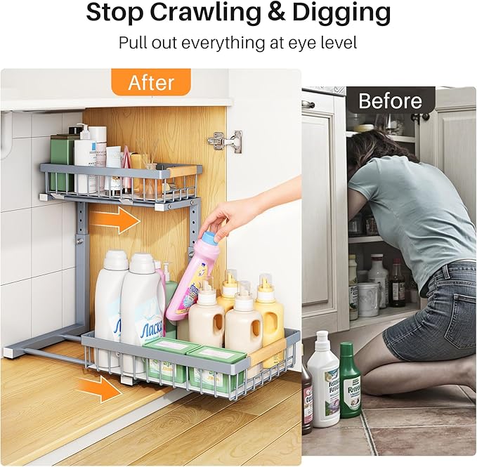 PXRACK Under Sink Organizer, Adjustable Height, 2 Tier Pull Out Under Cabinet Organizer, Slide Out Thickened Metal Under Sink Storage for Kitchen Bathroom Laundry Pantry Cabinet, Grey, Large-2-Pack - Image 4