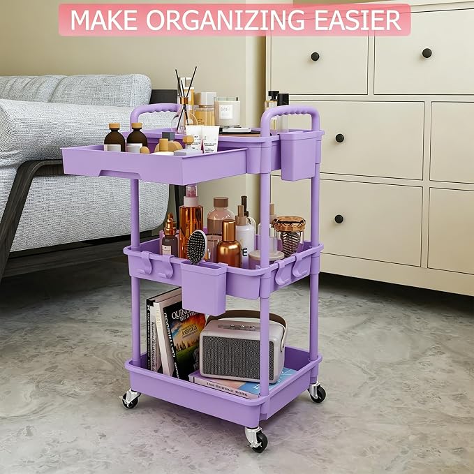 REBECAT 3 Tier Rolling Cart with Drawer, Utility Storage Cart on Wheels for Kitchen, Bathroom, Living Room,Office(Purple) - Image 6