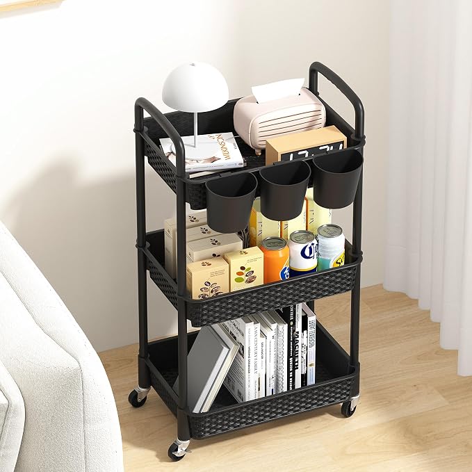 MOYIPIN 3-Tier Plastic Rolling Utility Cart with Handle,Utility Storage Cart for Office, Living Room, Kitchen,Movable Storage Organizer Shelves,Black with 3 Hanging Cups - Image 3