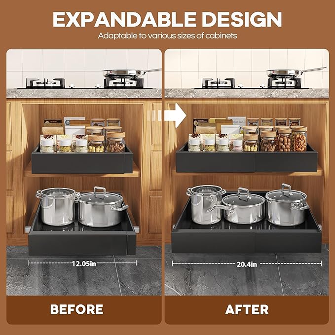 Seinloes 2Pack Expandable Pull Out Cabinet Organizer 21"Deep with Raising Pad for Framed Cabinets, Upgrade 3 Slide Rails Slide Out Drawers, Roll Out Shelves Adhesive,Adjustable Width 12.05"-20.4"Black - Image 3