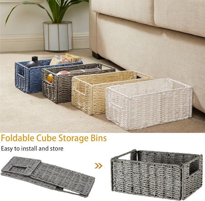 Wicker Storage Basket, Set of 2 Hand-Woven Paper Rope Wicker Basket, Small Storage Baskets for Organizing Toilet Paper Basket, Foldable Large Cube Storage Organizer Bins for Shelves (Beige) - Image 6