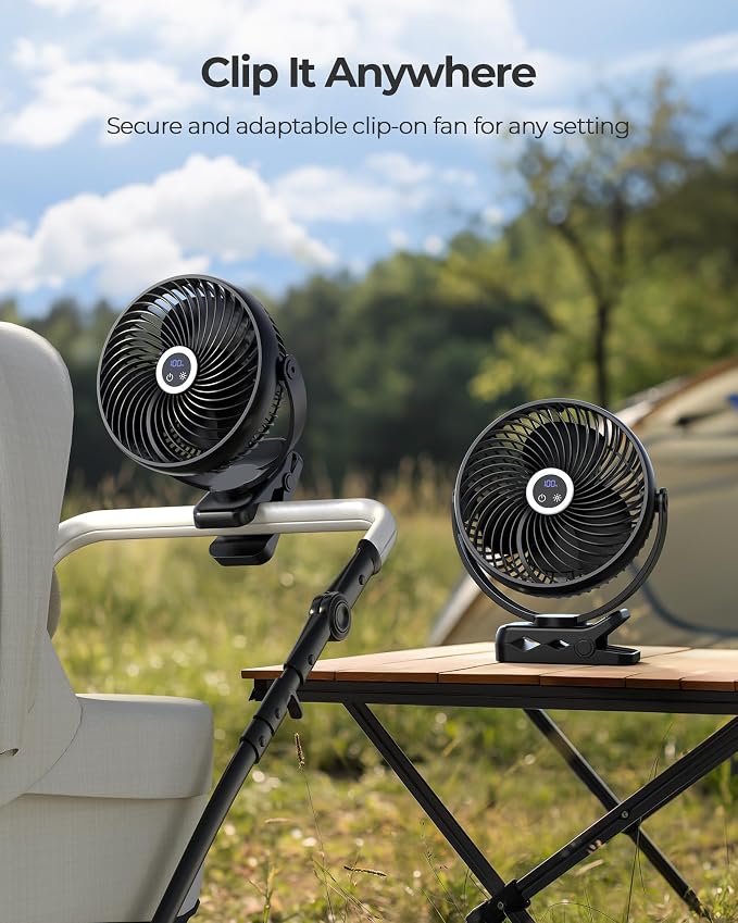 Koonie 8'' 10000mAh Portable Clip on Fan with LED Lantern and Hook | Battery Operated Desk Fan, Quiet Camping Fan with LED Digital Display, 360° Rotation & 3 Speeds for Travel Tent Gym Treadmill - Image 5