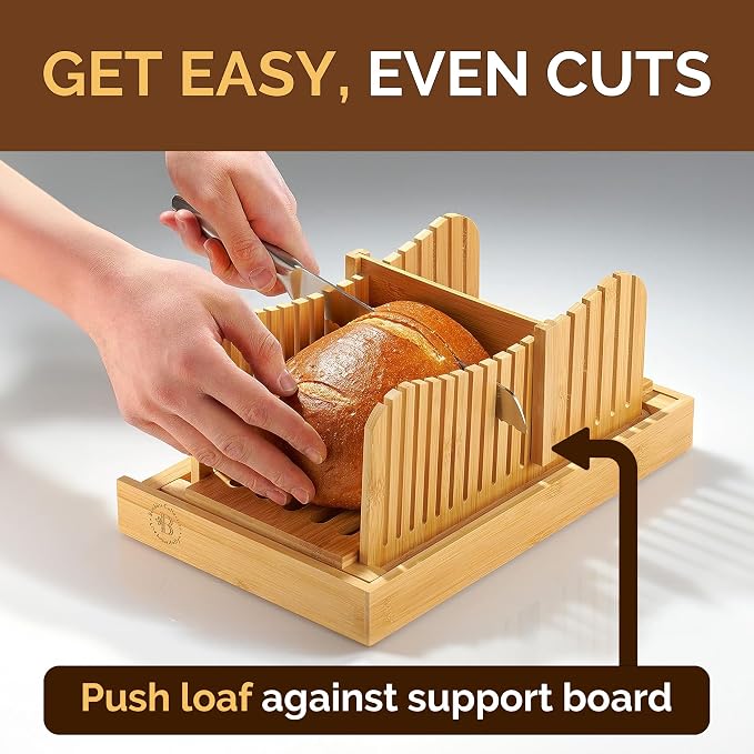 Bambüsi Bread Slicer for Homemade Bread with Knife Sourdough Cutter, Bamboo | Folds Flat for Compact Storage, 3-Thickness Slice Options, Serrated Steel Knife, Manual, Fits Loaves, Bagels, Sourdough, Cake - Image 2