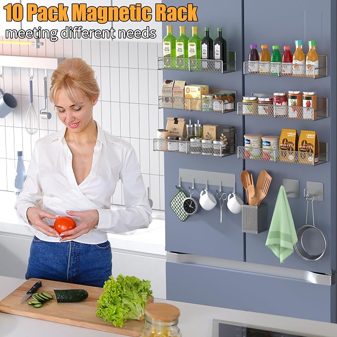 Magnetic Spice Rack for Refrigerator, 10 Pack 100% Metal Strong Magnet Shelf, Moveable Spice Organizer W/ Adjustable Paper Towel Holder, Hook Rack & Utensil Caddy, Home Kitchen Laundry Storage, Grey - Image 6