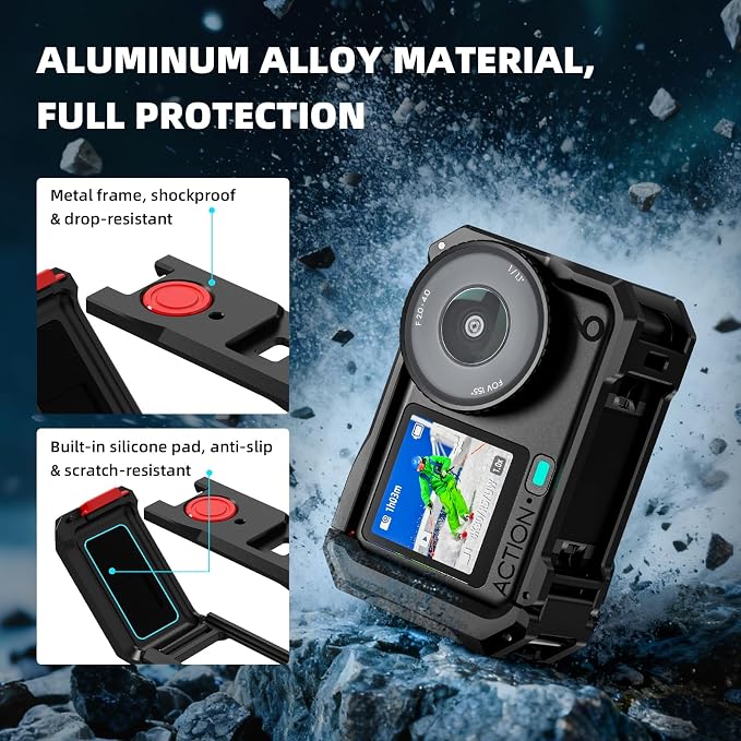 BRDRC Action 6 Camera Cage + Screen Protector+ Carrying Case (for Frame) Accessories Kit, Protective Metal Cage Portable PU Hard Bag Tempered Glass Lens Film for DJI Osmo Action 6 Protective Bundle - Image 4