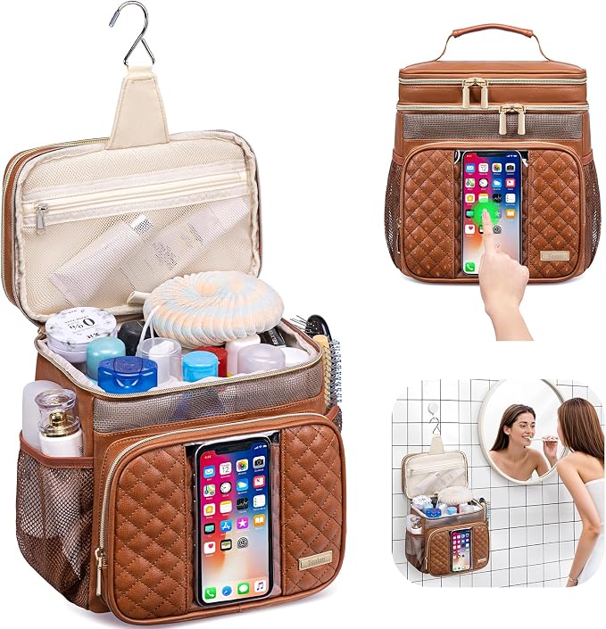Large Leather Toiletry Bag for Women Men,Bathroom Bag,Water Resistant Shower Bag,Makeup Bag,Portable Shower Caddy for College Dorm,Hanging Travel Toiletry Bag with Transparent Waterproof Phone Pocket - Image 2