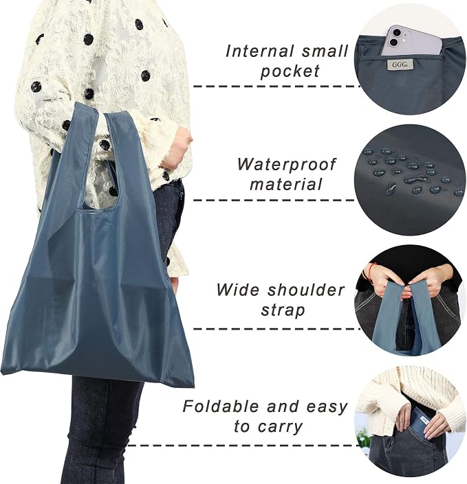Large Reusable Bags Shopping Washable Foldable 6 Pack Grocery Bags Heavy Duty Lightweight Folding Gift Tote Bags Durable Polyester Gray - Image 4