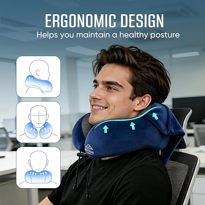 SkytraxComf® Travel Neck Pillow with Hood for Privacy on Long Flights | Memory Foam | Airplane Sleep | Safety-Tested Materials | Extra Large Hood | Chin Support | Earplugs | Washable Cover - Image 3