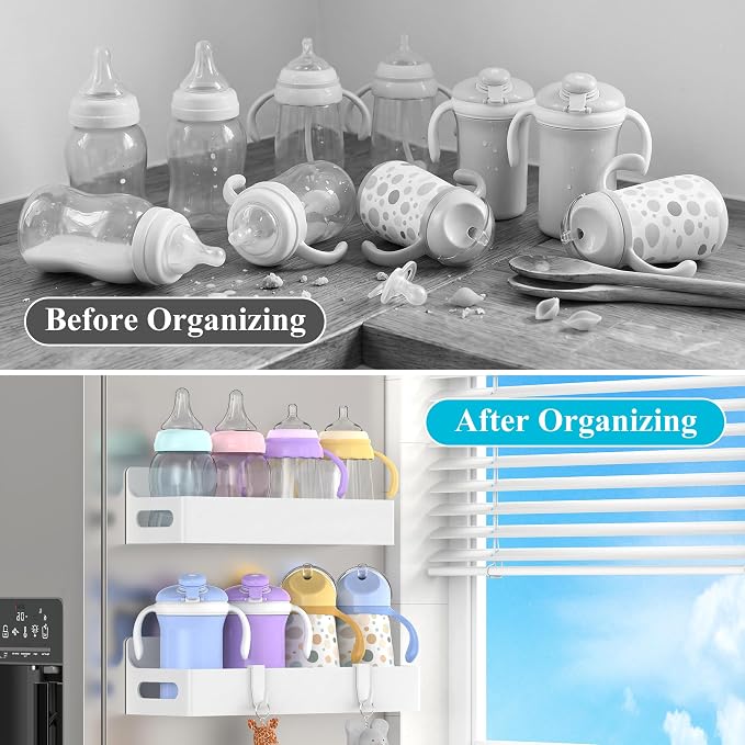 2 Pack Magnetic Spice Rack for Refrigerator White | Magnetic Cup Holder for Fridge, Magnetic Fridge Shelf with Hooks, Kids Sippy Cup Holder Kitchen - Image 2