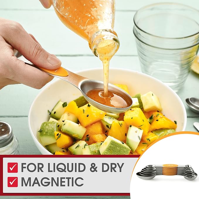 Spring Chef Stainless Steel Magnetic Measuring Spoons Set of 8, Mango | Nesting Teaspoon & Tablespoon Measuring Spoons w/ Leveler for Dry & Liquid Ingredients, Measure Spoons For Baking & Cooking - Image 7
