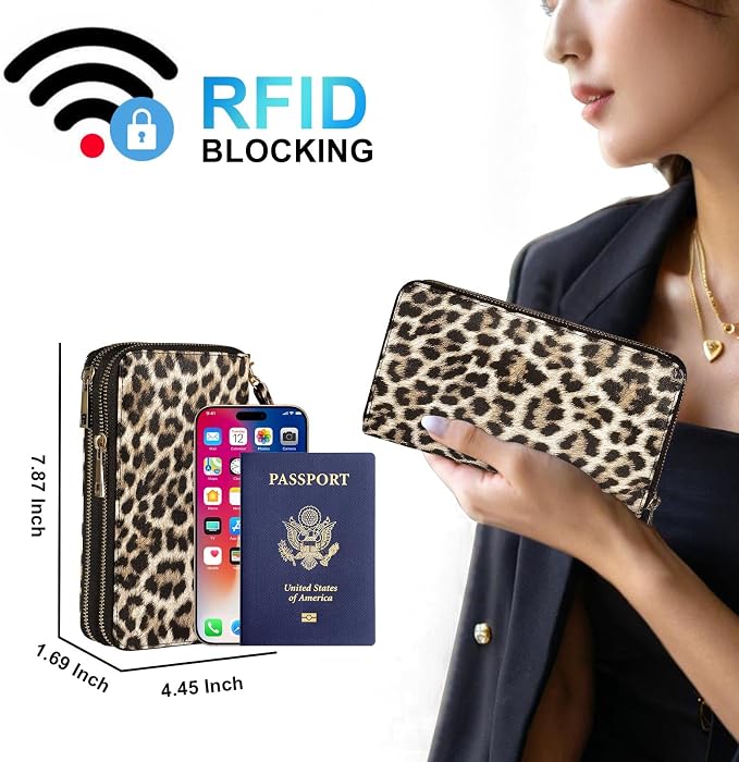 RFID Blocking Cellphone Wallet for Women with Removable Strap, Double Zipper Wristlet Bag Large Capacity, Passport Travel Clutch Purse, Leopard - Image 2