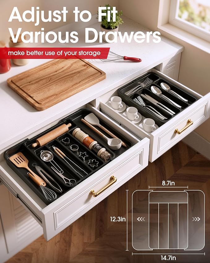 Aujen Silverware Drawer Organizer, Adjustable Utensil Cutlery Tray | Expandable Kitchen Organizer for Forks Knives, Multipurpose Kitchen Storage, Apartment Essentials, Black, Medium - Image 4