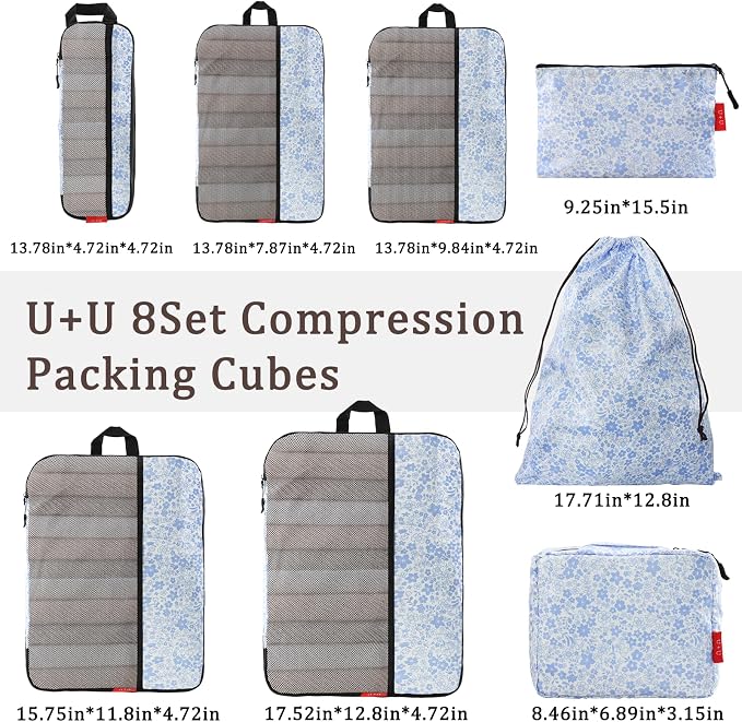 U+U 8 Set Compression Packing Cubes, Travel Organizers (Blue Flower) | Space-Saving & Lightweight Travel - Image 3