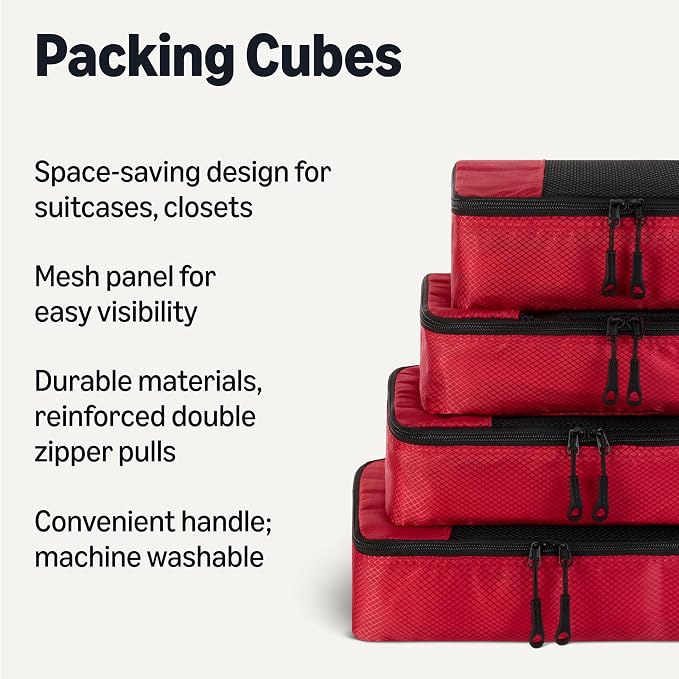 Amazon Essentials 4-Piece Space-Saving Packing Cubes Travel Accessories Set, Luggage Organizer with Double Zipper, Mesh Top, Small, Red (Previously Amazon Basics) - Image 2