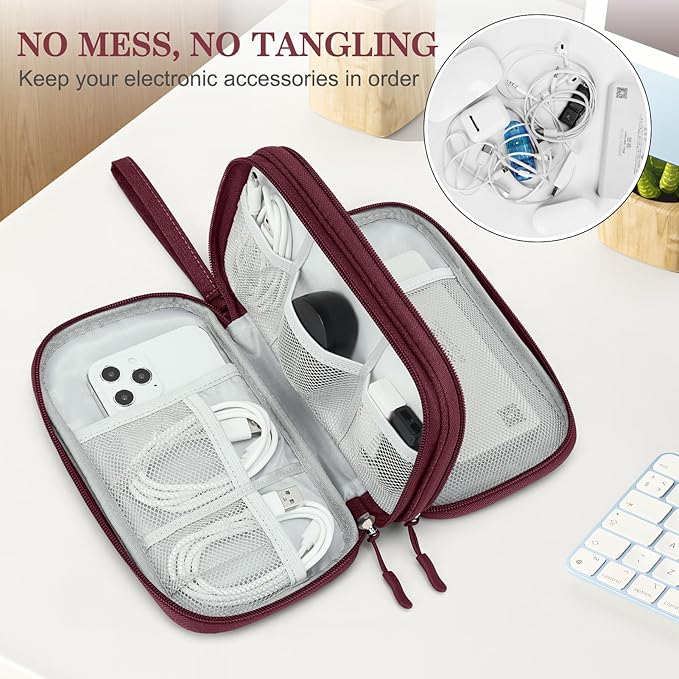FYY Electronic Organizer, Travel Tech Pouch Bag, Medium, Wine Red | Wrist Strap, Waterproof, Double Layers Portable Electronics Travel Carrying Case for Cord, Charger, Daily Business Trips Use - Image 5
