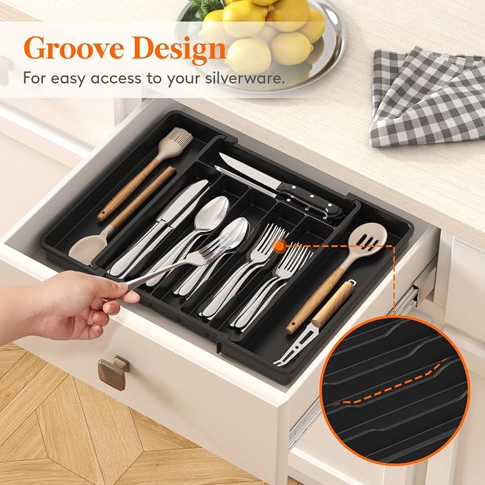 Lifewit Expandable Silverware Drawer Organizer, Kitchen Utensil Tray | BPA-free Plastic Flatware Cutlery Holder, Space-Saving Storage for Spoons Forks Knives, 11-18 x 14 x 1.5“, Black - Image 9