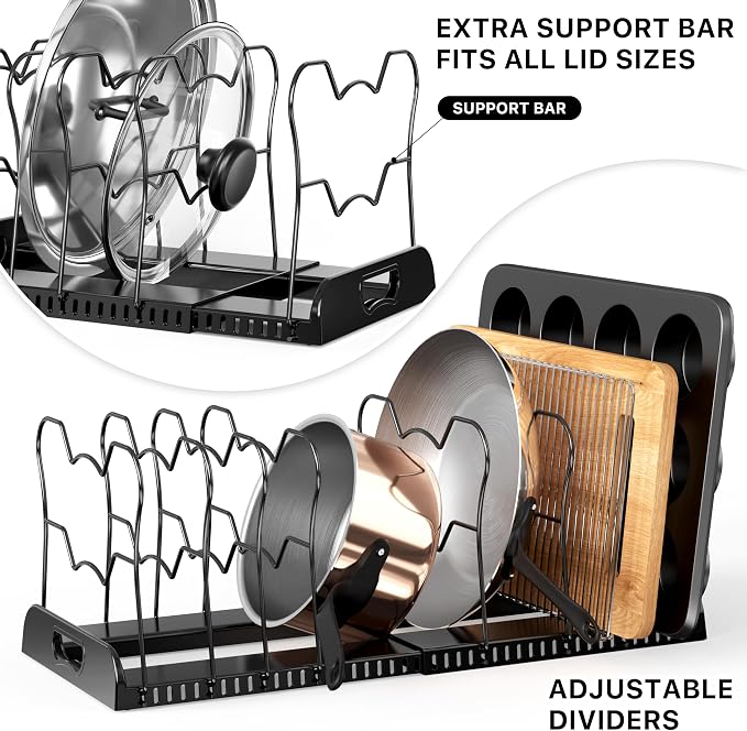 Simple Houseware Expandable Pan Rack 10 Adjustable Compartments, Black | Kitchen Cabinet Organizer for Pots, Pans, Lids & Bakeware - Pantry & Countertop Storage - Image 4