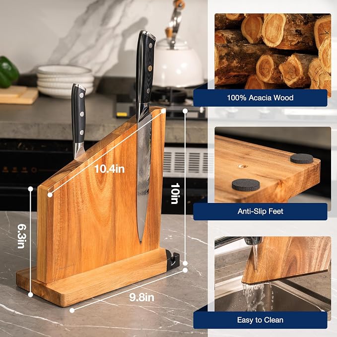Magnetic Knife Block with Sharpener, Double Sided, Light Acacia | Multi-Row Magnet, Hold 12 Knives as Damascus & Heavy Cleaver, No Slip, Countertop Kitchen Organizer, No Installation, Gift - Image 7