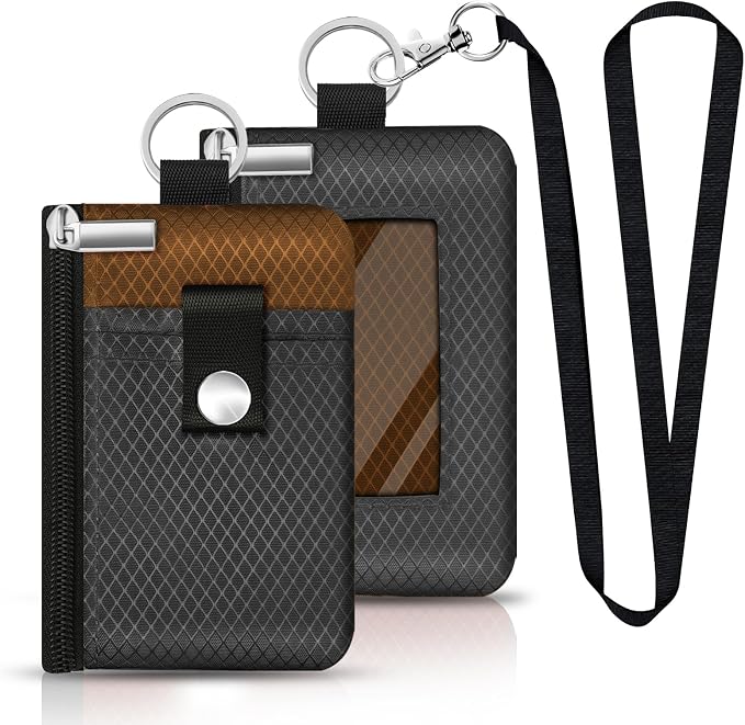 Minimalist RFID Blocking Small Wallet with ID Window,WaterResistant Zip Id Case Wallet with Lanyard Keychain for Cards,Cash,Travel,Women,Men（Drak Grey/Brown） by CCUMI