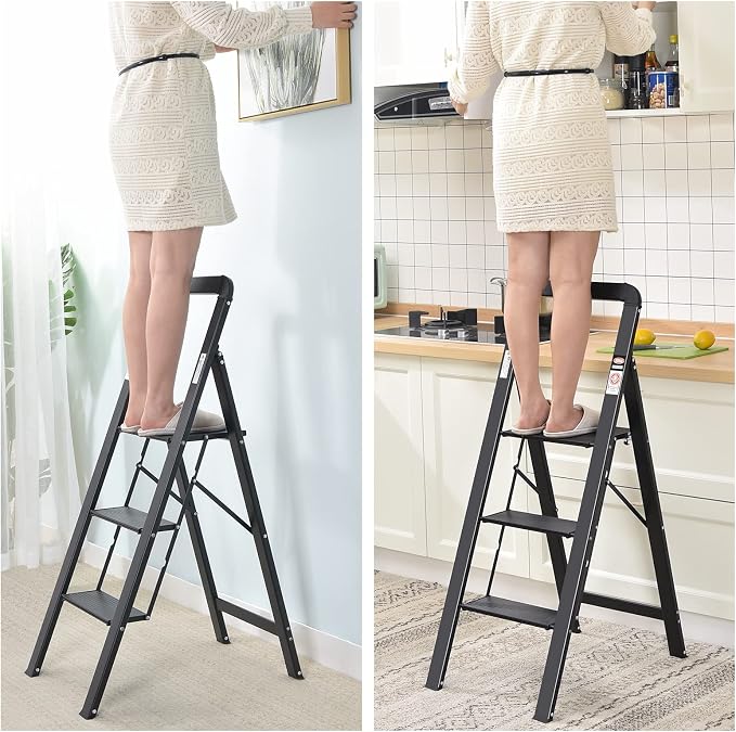 KINGRACK Aluminium 3 Step Ladder, Lightweight Step Stool with Non-Slip Pedals, Handrail, 330 LBS Foldable Step Ladder for Kitchen, Garage, Home, Space Saving, Sturdy and Portable, Black - Image 6