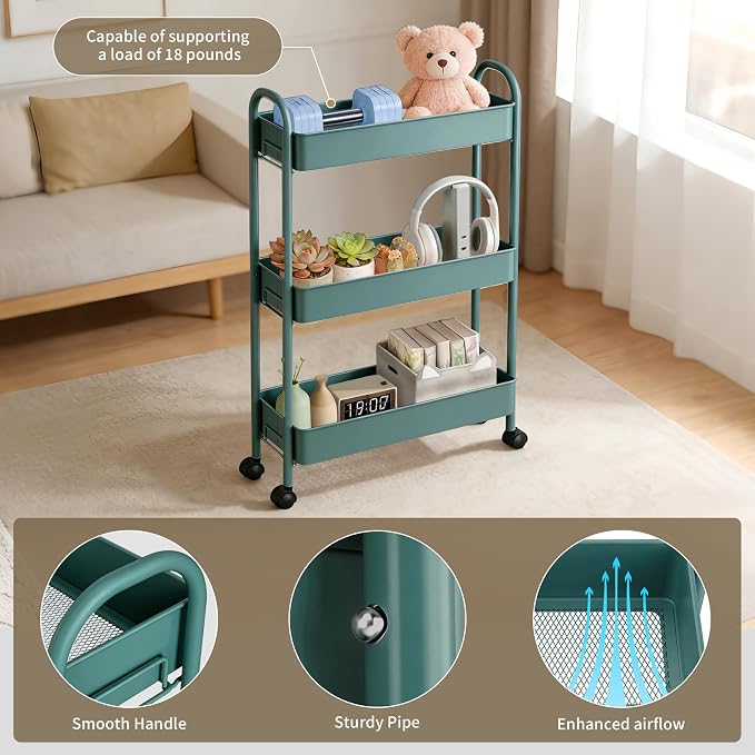 Slim Rolling Cart, Metal Frame Utility Rolling 3-Tier Narrow Storage Cart | Kitchen Storage Organizer, Mobile Shelving Unit for Bathroom Kitchen - Image 7