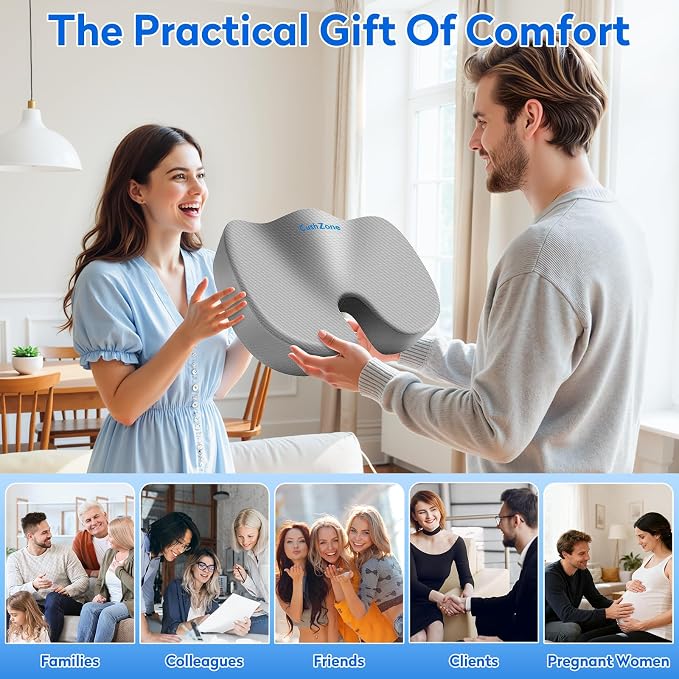CushZone XL Memory Foam Seat Cushion for Office & Car, Light Gray | U-shaped Coccyx Cutout, Contoured Design, Breathable Removable Mesh Cover, Non-Slip Base, Carry Handle - Image 7