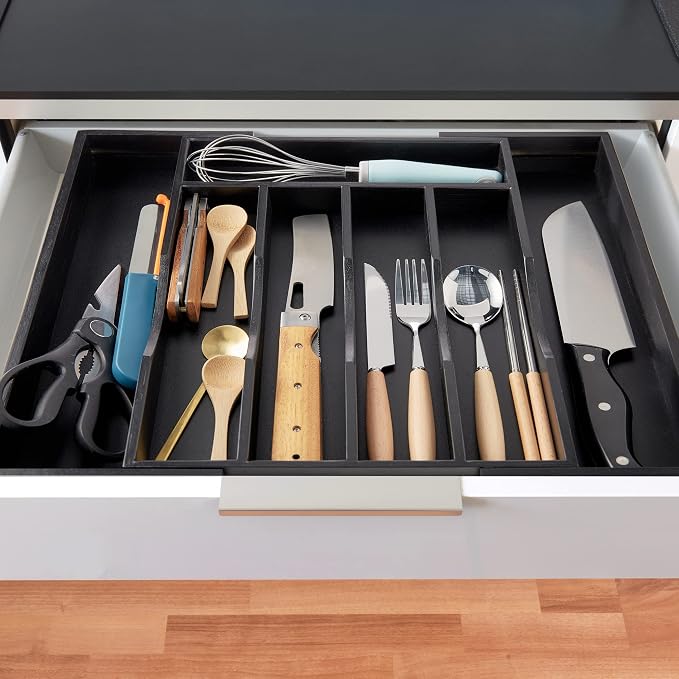 Expandable Bamboo Kitchen Drawer Organizer for Cutlery and Utensils, Adjustable Bamboo Wood Cutlery Tray in Drawer for Flatware and Silverware in Kitchen, (Black) - Image 8