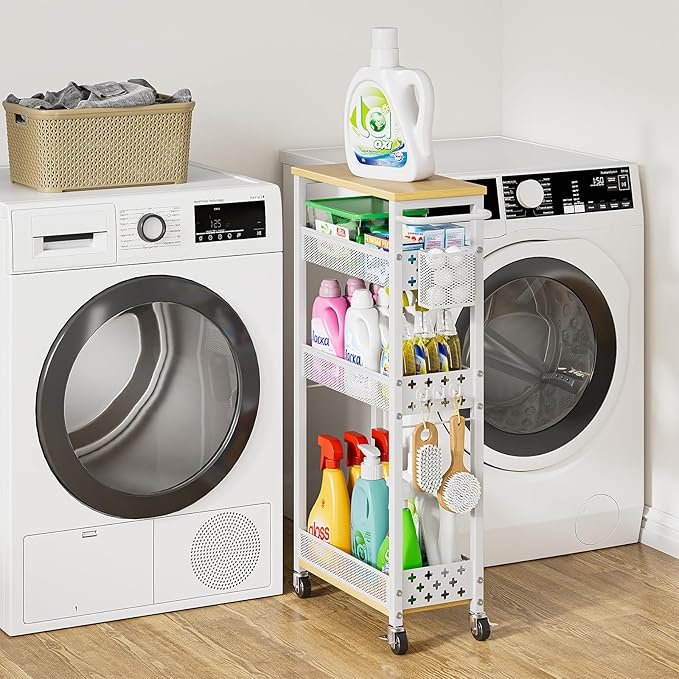 4 Tier Slim Rolling Cart Bathroom Organizer and Storage with Wheels | Narrow metal laundry room cart，kitchen organizer, trolley with handle and mesh basket, 7.1 inch width for small space, white by MJIMKE