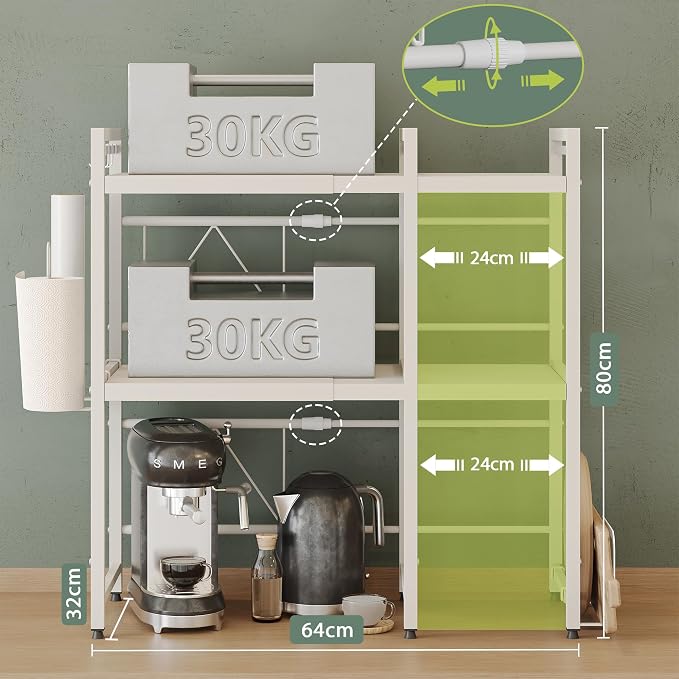 3 Tier Expandable Microwave Stand countertop,Microwave Oven Rack | microwave shelf with Paper Towel and Chopping Board Holder, storage shelf for appliances,55 Lbs load Per Tier,White - Image 3