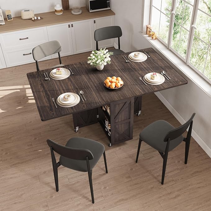 Jocoevol Folding Dining Table for Small Spaces, Space Saving Foldable Kitchen Table with Drawer & 2-Tier Storage Shelf, Rolling Expandable Dining Table with Wheels, Farmhouse, Dark Walnut - Image 6