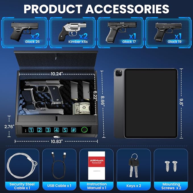 Biometric Gun Safe for Handguns, Gun Case Fits 2-3 Handguns | Fingerprint Pistol Safe, Nightstand, LED Light, Stealth Mode, Security Cable, Carbon Steel, Portable Lock Box, 1s Open - Image 2