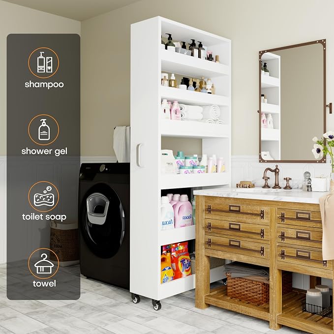 Slim Storage Cart, Lightweight 6 Tier Metal Rolling Utility Kitchen Cart on Wheels, Mobile Storage Shelving Unit Organizer for Bathroom Laundry Office Narrow Places (White, 10" D) - Image 8