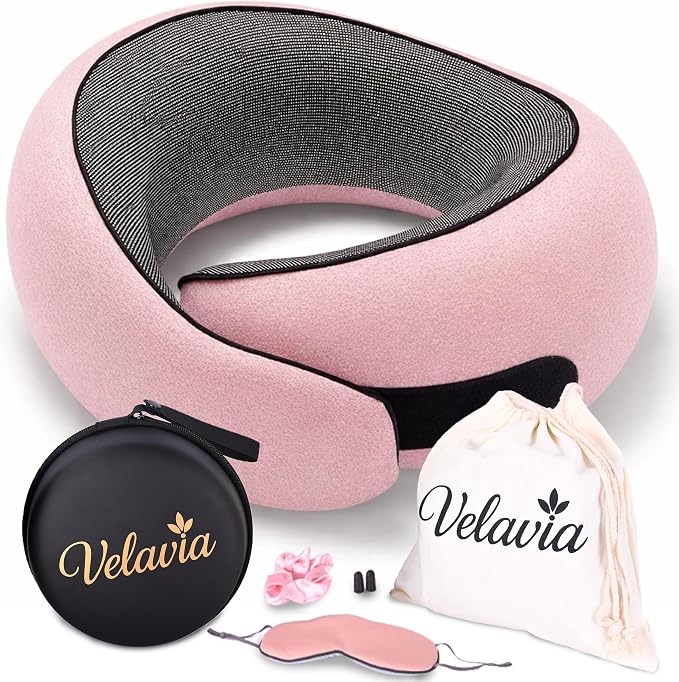 Travel Neck Pillow,Ergonomic 360° Memory Foam Support for Head, Neck. Adjustable for Long Flights. Soft &Washable Cover, EVA Box, 3D Eye Mask, Earplugs, Hair Tie & Luxury Bag (Pink) by YourfavoriteTravelpillow