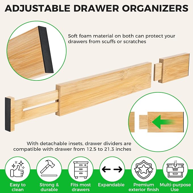 4 Pack Bamboo Drawer Dividers Organizer with Inserts 2.6'' High | Expandable from 12.5-21.7", Adjustable Drawer Organizer Separators for Utensils, Clothing, Office, Dresser, Bedroom, (Beige) - Image 4
