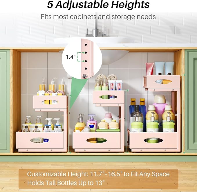 Under Sink Organizer, 1-Pack Pull Out Cabinet Organizer 2 Tier Metal Slide Out Storage Shelf Rack, L-Shaped Adjustable Height,Mesh Sliding Drawer for Kitchen, Bathroom, Laundry, Pantry, Pink, XL - Image 5