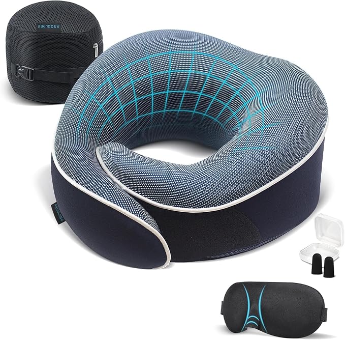 Travel Pillow, Orthopedic Memory Foam Airplane Neck Pillow, Blue | 360 Head Support Travel Set with 3D Contoured Eye Masks, Earplugs and Luxury Mesh Bag, Updated Soft Resting Material by ProGlobe