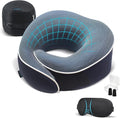 Travel Pillow, Orthopedic Memory Foam Airplane Neck Pillow, Blue | 360 Head Support Travel Set with 3D Contoured Eye Masks, Earplugs and Luxury Mesh Bag, Updated Soft Resting Material by ProGlobe