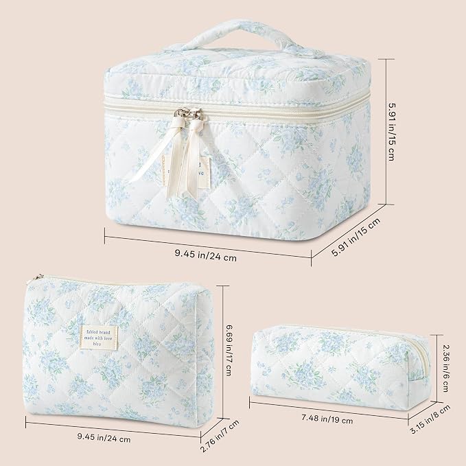 HBselect Quilted Makeup Bag, 3Pcs Cotton Large Travel Makeup Bags Organizer | Cute Floral Make up Bag Cosmetic Bag Toiletry Bag for Women Girls, Makeup Pouch for Skincare, Brushes & Travel Essentials - Image 5