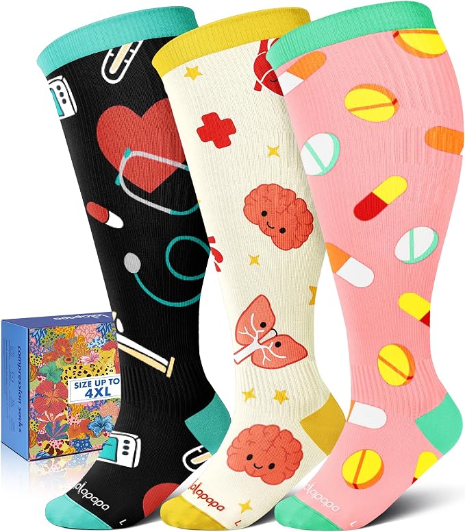 3-Pair Wide Calf Compression Socks for Women | 20-30mmHg Graduated Support, Easy On & Off, Knee High Length, Ankle Support, Travel Nurse Daily Wear, Cute Patterned by Lalapapa