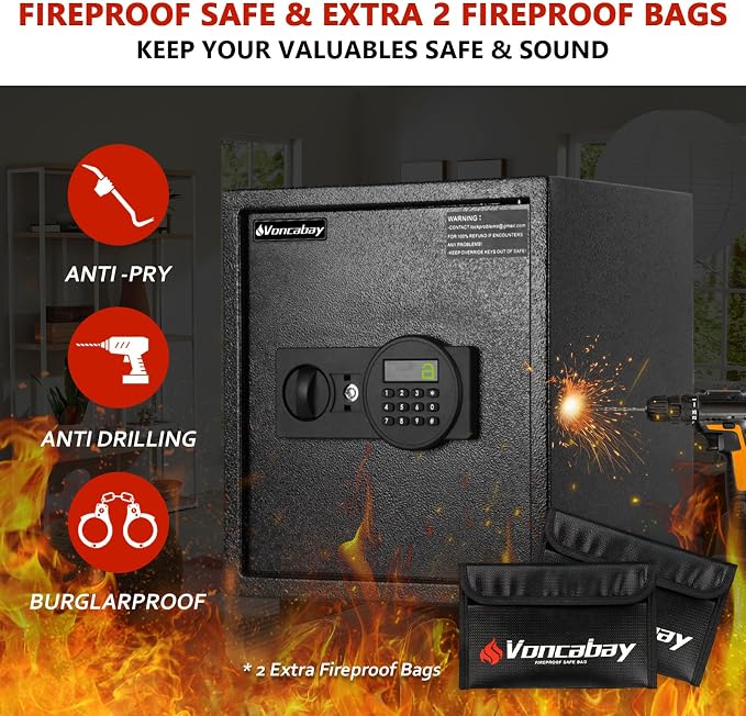 Voncabay Money Safe Box for Home with Digital Keypad, 1.5 Cu. Ft., Black | Alloy Steel, 2 Fireproof Bags, Digital Keypad with Display, Removable Shelf, Alarm System, 14 x 13 x 13 In. - Image 2