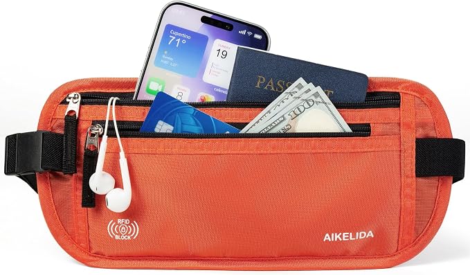 RFID Blocking Money Belt - Passport Holder & Travel Wallet, Slim Hidden Fanny Packs for Women Men - Orange - Image 2