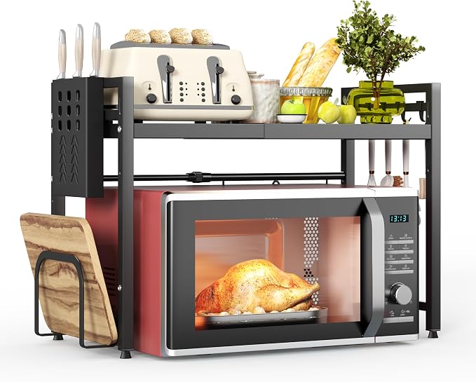 2 Tier Expandable Microwave Stand countertop,Microwave Oven Rack | microwave shelf with Cutting Board Holder and Knife Holder, storage shelves for pans &appliances,8 Hooks,55lbs max load,Black by NETELOfficial