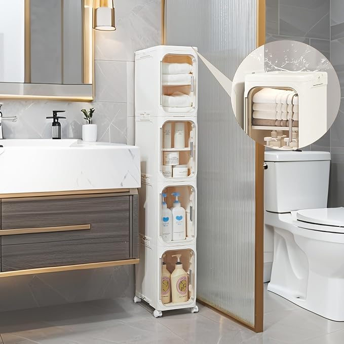 5-Tier Narrow Storage Cabinet Slim Bathroom Tall Skinny Organizer，Beige | Foldable Storage Cabinet with Lockable Rolling Wheels Magnetic Clear Door Adjustable Detachable Shelves For Narrow Space - Image 3