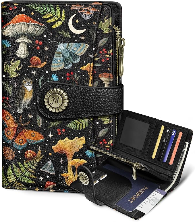 Mushroom Wallet Women RFID Goth Passport Holder Credit Card Holder | 6.7" x 4.4" x 1.3" Bifold, Travel billfold, Zipper Pocket, PU Leather, Clutch, Purse, ID Window, Pen Holder, Gift Ladies Girl by Mavellin