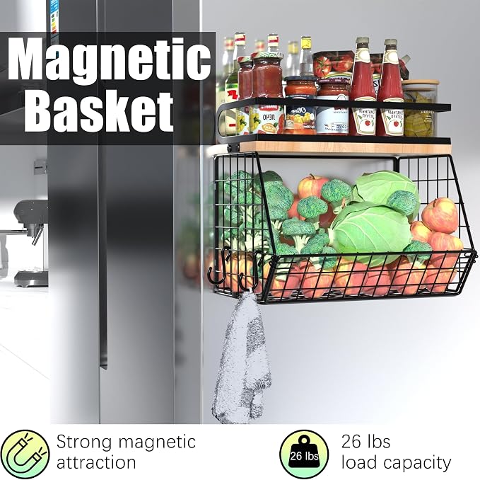Magnetic Spice Rack for Refrigerator, Fruit, Potato & Onion Storage Bin,Large Capacity Magnetic Shelves for Side of Refrigerator, Kitchen Organizers and Storage Countertop,2 Pack Black - Image 3