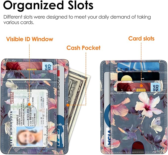 FINTIE Slim Front Pocket Wallet, RFID Blocking Credit Card Holder | Minimalist Card Cases with ID Window for Men Women, blooming hibiscus - Image 4